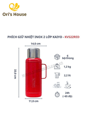 Phích giữ nhiệt 2 lớp inox Kaiyo màu đỏ cherry, dung tích 2,2L