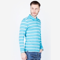 Áo thun dài tay nam cao cấp ALIGRO cổ bẻ co giãn, thoáng khí kẻ phối xanh ALGAPD019