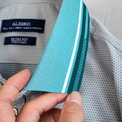 Áo polo nam ngắn tay ALIGRO chất liệu cotton cao cấp hoạ tiết kiểu dệt chữ V màu xanh cổ vịt lé trắng đen ALGPLO79.1
