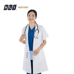 Áo choàng blouse, áo blue trắng cộc tay, dáng dài, chất vải kaki chun hàn cho bác sĩ, dược sĩ, spa Aligro BV.CA.ABLU.KKC