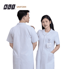 Áo choàng blouse, áo blue trắng cộc tay, dáng dài, chất vải kaki chun hàn cho bác sĩ, dược sĩ, spa Aligro BV.CA.ABLU.KKC