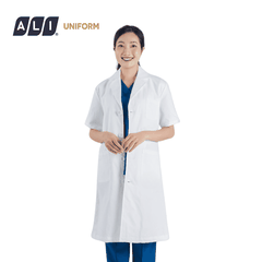 Áo choàng blouse, áo blue trắng cộc tay, dáng dài, chất vải kaki chun hàn cho bác sĩ, dược sĩ, spa Aligro BV.CA.ABLU.KKC