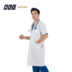 Áo choàng blouse, áo blue trắng cộc tay, dáng dài, chất vải kaki chun hàn cho bác sĩ, dược sĩ, spa Aligro BV.CA.ABLU.KKC