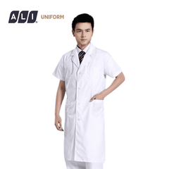 Áo choàng blouse, áo blue trắng cộc tay, dáng dài, chất vải lon ít nhăn cho bác sĩ, dược sĩ, spa Aligro BV.BM.ABLU