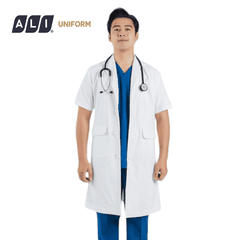Áo choàng blouse, áo blue trắng cộc tay, dáng dài, chất vải lon ít nhăn cho bác sĩ, dược sĩ, spa Aligro BV.BM.ABLU