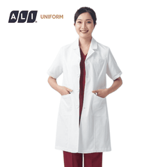 Áo choàng blouse, áo blue trắng cộc tay, dáng dài, chất vải lon ít nhăn cho bác sĩ, dược sĩ, spa Aligro BV.BM.ABLU