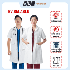 Áo choàng blouse, áo blue trắng cộc tay, dáng dài, chất vải lon ít nhăn cho bác sĩ, dược sĩ, spa Aligro BV.BM.ABLU