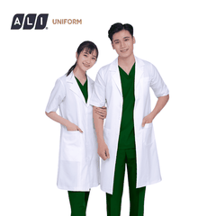 Áo choàng blouse, áo blue trắng cộc tay, dáng dài, chất vải oxford cho bác sĩ, dược sĩ, spa Aligro BV.CA.ABLU.OXC