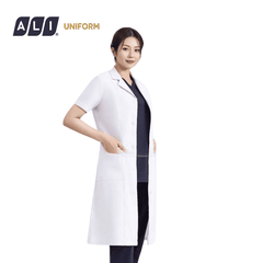 Áo choàng blouse, áo blue trắng cộc tay, dáng dài, chất vải oxford cho bác sĩ, dược sĩ, spa Aligro BV.CA.ABLU.OXC