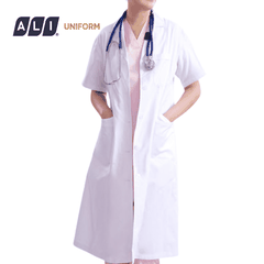 Áo choàng blouse, áo blue trắng cộc tay, dáng dài, chất vải oxford cho bác sĩ, dược sĩ, spa Aligro BV.CA.ABLU.OXC