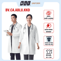Áo choàng blouse, áo blue trắng dài tay, dáng dài, chất vải kaki chun hàn cho bác sĩ, dược sĩ, spa Aligro BV.CA.ABLU.KKD