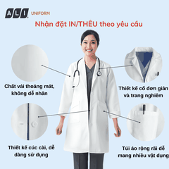 Áo choàng blouse, áo blue trắng dài tay, dáng dài, chất vải kaki chun hàn cho bác sĩ, dược sĩ, spa Aligro BV.CA.ABLU.KKD