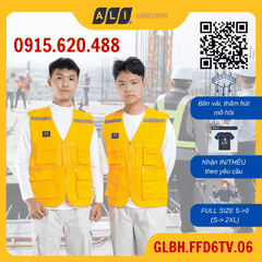 Áo gile bảo hộ lao động 4 túi hộp và 2 túi khóa khác màu chất vải kaki 2/1 thấm hút tốt màu vàng GLBH.FFD6TV.06