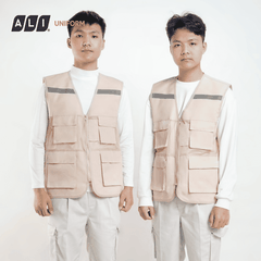 Áo gile bảo hộ lao động phản quang 4 túi chất vải kaki hoặc lưới thoáng mát, thấm hút tốt màu be vàng GLBH.FFD4TBV.04
