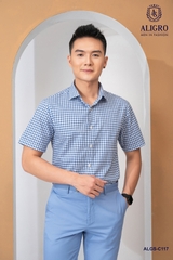 Áo sơ mi cộc tay kẻ caro xanh navy Aligro ALGS-C117