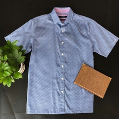 Áo sơ mi cộc tay nam công sở Aligro xanh chấm tròn dáng Cusstom ALGS-C89