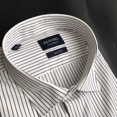 Áo sơ mi nam ngắn tay cao cấp Aligro ALGS-C31 vải cotton form SLIMFIT màu trắng kẻ sọc xanh