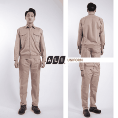 Bộ quần áo bảo hộ lao động Aligro chất liệu Kaki Nam Định bền đẹp, đồng phục cho công nhân, kỹ sư màu ghi đất BH.NBGD.02