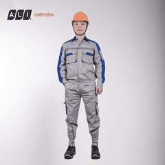 Bộ quần áo bảo hộ lao động Aligro chất liệu Pang Rim bền đẹp đồng phục cho công nhân màu xi măng phối xanh BH.TNTGXMX.14