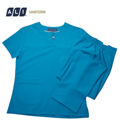 Bộ Scrubs bác sĩ cổ tim, quần áo phòng mổ, đồng phục điều dưỡng spa chất vải kaki chun hàn màu xanh 116 BV.CA.BKTV.KK.3