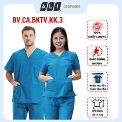 Bộ Scrubs bác sĩ cổ tim, quần áo phòng mổ, đồng phục điều dưỡng spa chất vải kaki chun hàn màu xanh 116 BV.CA.BKTV.KK.3
