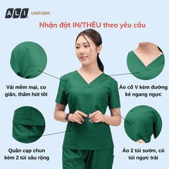 Bộ Scrubs bác sĩ cổ tim, quần áo phòng mổ, đồng phục điều dưỡng spa chất vải kaki chun hàn màu xanh 151 BV.CA.BKTV.KK.4