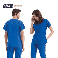 Bộ Scrubs bác sĩ cổ tim, quần áo phòng mổ, đồng phục điều dưỡng spa chất vải kaki chun hàn màu xanh 177 BV.CA.BKTV.KK.2