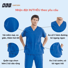 Bộ Scrubs bác sĩ cổ tim, quần áo phòng mổ, đồng phục điều dưỡng spa chất vải kaki chun hàn màu xanh 177 BV.CA.BKTV.KK.2