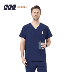 Bộ Scrubs bác sĩ cổ tim, quần áo phòng mổ, đồng phục điều dưỡng spa chất vải kaki chun hàn màu xanh than BV.CA.BKTV.KK.1