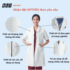 Áo choàng blouse, áo blue trắng cộc tay, dáng dài, chất vải lon ít nhăn cho bác sĩ, dược sĩ, spa Aligro BV.BM.ABLU