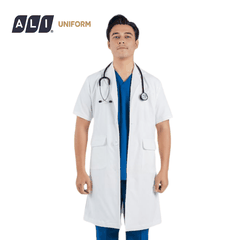 Áo choàng blouse, áo blue trắng cộc tay, dáng dài, chất vải lon ít nhăn cho bác sĩ, dược sĩ, spa Aligro BV.BM.ABLU