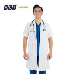 Áo choàng blouse, áo blue trắng cộc tay, dáng dài, chất vải kaki chun hàn cho bác sĩ, dược sĩ, spa Aligro BV.CA.ABLU.KKC