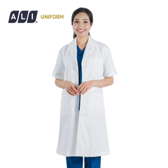 Áo choàng blouse, áo blue trắng cộc tay, dáng dài, chất vải kaki chun hàn cho bác sĩ, dược sĩ, spa Aligro BV.CA.ABLU.KKC