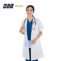 Áo choàng blouse, áo blue trắng cộc tay, dáng dài, chất vải kaki chun hàn cho bác sĩ, dược sĩ, spa Aligro BV.CA.ABLU.KKC