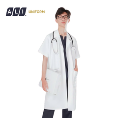 Áo choàng blouse, áo blue trắng cộc tay, dáng dài, chất vải kaki chun hàn cho bác sĩ, dược sĩ, spa Aligro BV.CA.ABLU.KKC