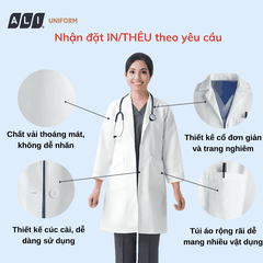 Áo choàng blouse, áo blue trắng dài tay, dáng dài, chất vải kaki chun hàn cho bác sĩ, dược sĩ, spa Aligro BV.CA.ABLU.KKD