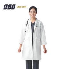 Áo choàng blouse, áo blue trắng dài tay, dáng dài, chất vải kaki chun hàn cho bác sĩ, dược sĩ, spa Aligro BV.CA.ABLU.KKD