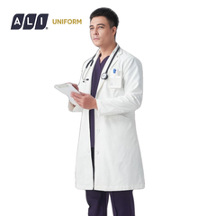Áo choàng blouse, áo blue trắng dài tay, dáng dài, chất vải kaki chun hàn cho bác sĩ, dược sĩ, spa Aligro BV.CA.ABLU.KKD