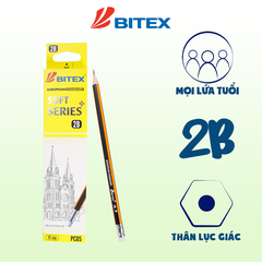 Bút chì đen 2B Soft Series Plus có gôm - PC05 BITEX (12 cây - hộp) thân tam giác - Hộp 10