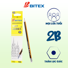 Bút chì đen 2B Soft Series Plus có gôm - PC05 BITEX (12 cây - hộp) thân tam giác