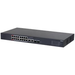 Switch DH-CS4220-16GT-135 Bao gồm 16 cổng RJ-45 Gigabit PoE (10/100/1000 Mbps), 2 cổng RJ-45 Gigabit uplink và 2 cổng SFP Gigabit.