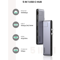 Bộ chuyển đồi 2 TYPE C sang 2 USB 3.0 + HDMI + LAN + 2 TYPE C PD âm Ugreen 50984 Màu Xám