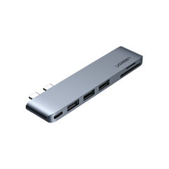 Bộ chuyển đổi sang 3x Hub USB 3.0 + SD/TF + nguồn PD màu xám bằng nhôm Ugreen 60560 macbook pro air 2 cổng USB Type C