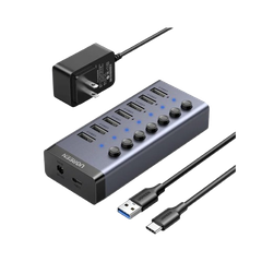 Bộ HUB chia 7 cổng USB 3.0 tốc độ 5Gbps vỏ nhôm, công tắc Ugreen 90307 (kèm nguồn 12V2A-EU) cao cấp