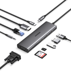 Hub USB Type C 10 in 1 to HDMI 4K, VGA, USB 3.0, Lan RJ45, SD/TF, 3.5mm, PD 100W Ugreen 15601