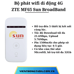 ZTE MF65 Sun BroadBand | Bộ phát wifi di động 3G, 21.6Mbps, Pin 1500mAh | Bảo hành 12 tháng