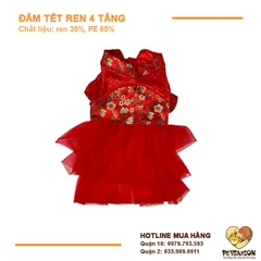 Áo Tết Cho Chó Mèo - Đầm Tết Ren 4 Tầng