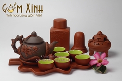 Bộ trà nâu đỏ hoa văn đắp nổi kèm khay lá & phụ kiện