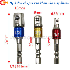 Bộ 3 Đầu Chuyển Vặn Khẩu 1/2-3/8-1/4 Cho Máy Khoan