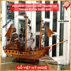[Dài 80cm] Mô hình thuyền gỗ trang trí thuyền chở hàng - thuyền buôn Thái Lan - Thân tàu 60cm - Gỗ Hương
